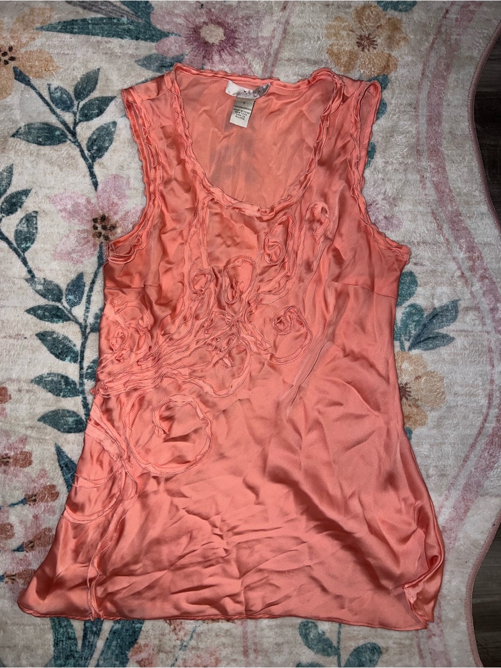 Kenar Coral Satin Sleeveless Camisole with Rosette Detail